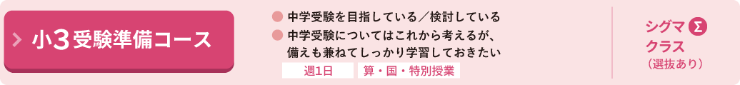 小３受験準備コース 週1日算・国・特別授業 中学受験を目指している／検討している、または未定だが備えを兼ねてしっかり学習しておきたい方むけ　シグマクラスあり（選抜テストあり）